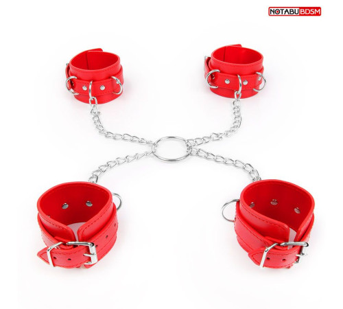 Комплект красных наручников и оков на металлических креплениях с кольцом