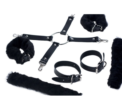 Черный набор для фиксации со съемными меховыми опушками