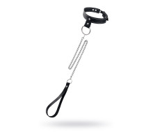 Черный узкий однослойный ошейник с серебристым поводком-цепочкой