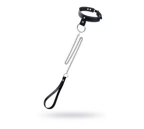 Черный узкий однослойный ошейник с серебристым поводком-цепочкой