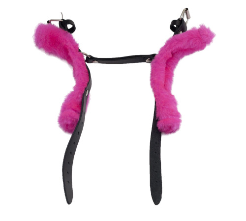 Черные базовые наручники из кожи с розовой опушкой