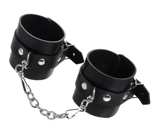 Черные однослойные наручники из натуральной кожи с цепочкой