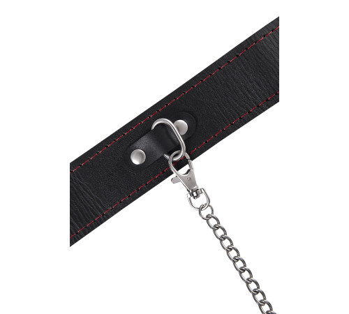 Кожаный двухслойный ошейник с красной строчкой и поводком