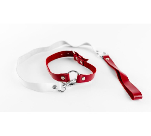 Бело-красный чокер из натуральной кожи с поводком