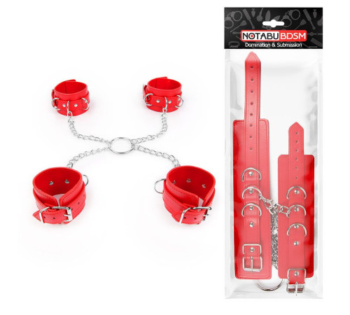 Комплект красных наручников и оков на металлических креплениях с кольцом