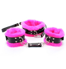 Черно-розовые меховые наручники и ошейник с поводком