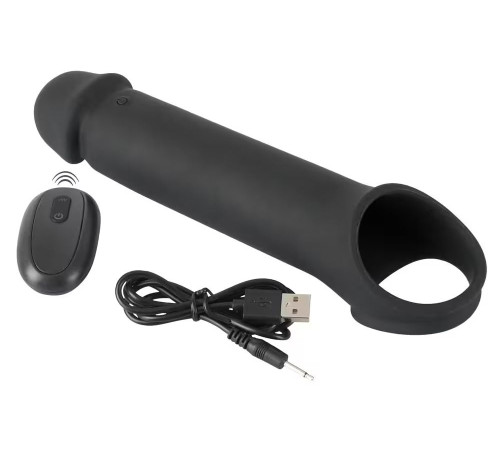 Черная вибронасадка для пениса с хомутом для мошонки и пультом ДУ Remote Controlled Penis Extension
