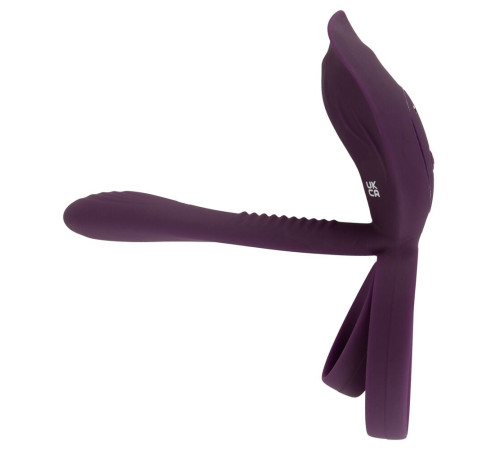Фиолетовая насадка на член с клиторальным отростком и пультом ДУ RC Couple’s Vibrator 2