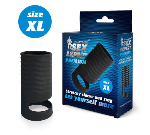 Черная открытая насадка на пенис с кольцом для мошонки XL-size - 8,9 см.