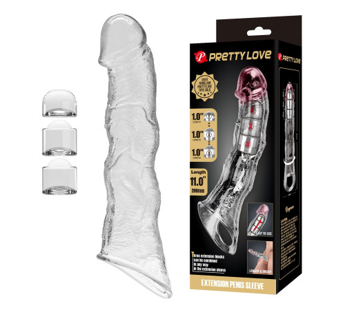 Прозрачный фаллоудлинитель с 3 вставками - 28 см.