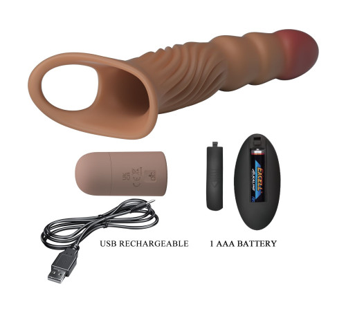 Карамельная удлиняющая насадка на пенис с вибрацией и пультом ДУ