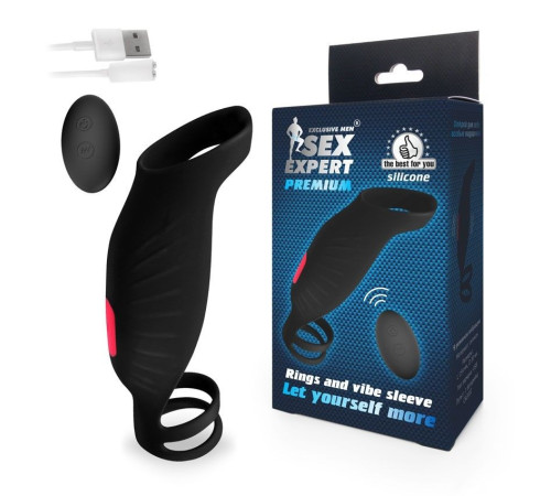 Черная насадка на пенис с вибрацией Sex Expert - 15,4 см.