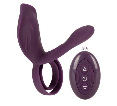 Фиолетовая насадка на член с клиторальным отростком и пультом ДУ RC Couple’s Vibrator 2