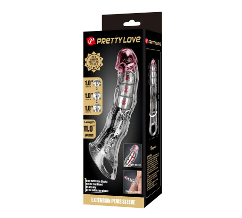 Прозрачный фаллоудлинитель с 3 вставками - 28 см.