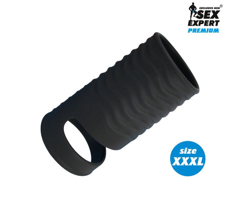Заказать Черная открытая насадка на пенис с кольцом для мошонки XXXL-size - 9,9 см.