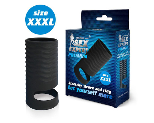 Заказать Черная открытая насадка на пенис с кольцом для мошонки XXXL-size - 9,9 см.