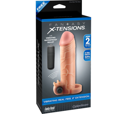 Телесная вибронасадка с кольцом Vibrating Real Feel 2 Extension - 16 см.