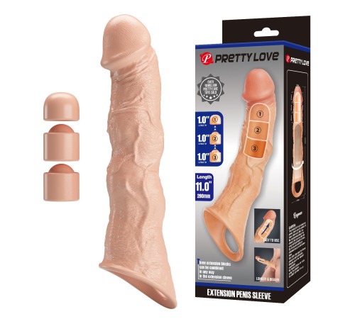 Телесный фаллоудлинитель с 3 вставками - 28 см.
