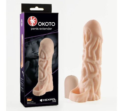 Телесная насадка-удлинитель Okoto с богатым рельефом поверхности - 16 см.