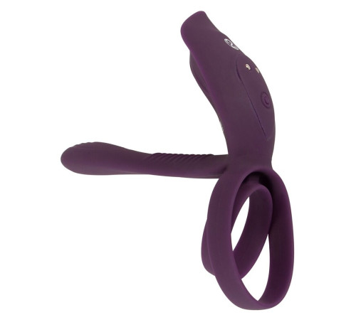 Фиолетовая насадка на член с клиторальным отростком и пультом ДУ RC Couple’s Vibrator 2