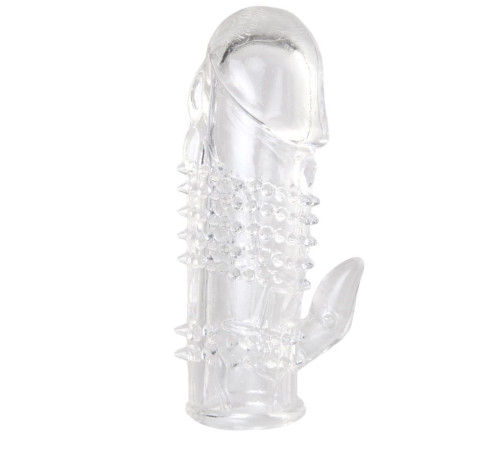 Прозрачная гелевая насадка с шипами и клиторальным отростком - 13 см.