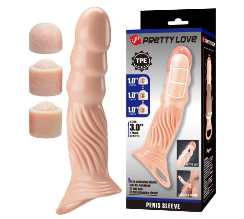 Телесная насадка на пенис с тремя вкладышами-удлинителями - 24 см.