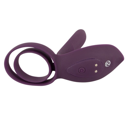 Фиолетовая насадка на член с клиторальным отростком и пультом ДУ RC Couple’s Vibrator 2