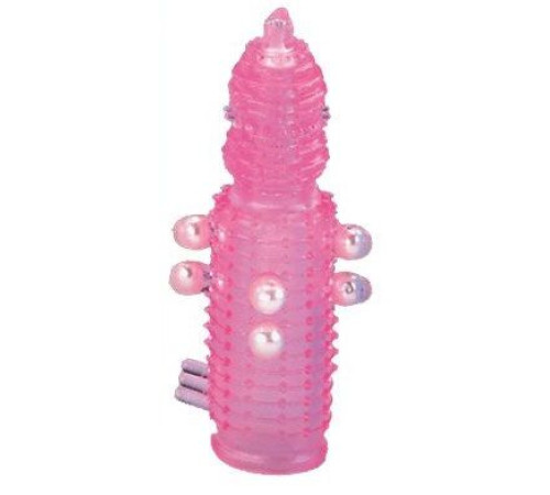 Розовая эластичная насадка на пенис с жемчужинами, точками и шипами Pearl Stimulator - 11,5 см.