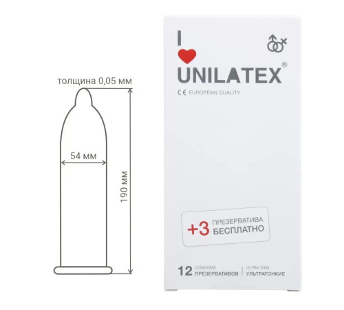 Ультратонкие презервативы Unilatex Ultra Thin - 12 шт. + 3 шт. в подарок