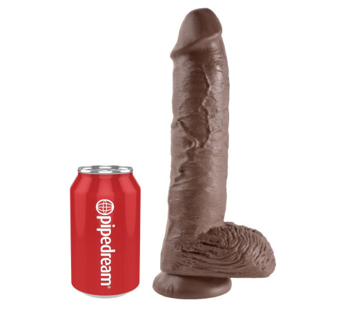 Большой коричневый фаллоимитатор с мошонкой 10  Cock with Balls на присоске - 25,4 см.
