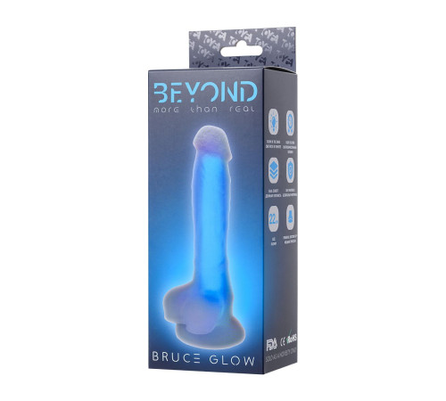 Прозрачно-синий фаллоимитатор, светящийся в темноте, Bruce Glow - 22 см.