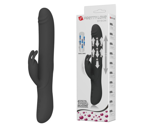 Черный вибратор-кролик Byron с движущимися шариками - 25 см.