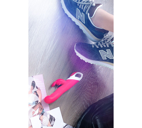 Розовый вибратор с клиторальным стимулятором ELLY с подогревом - 21,5 см.