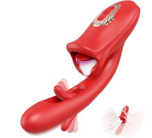 Красный вибратор с функциями фингеринга и лизания - 25,1 см.
