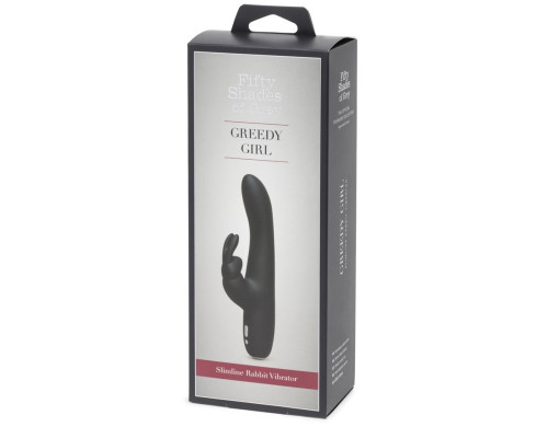 Заказать Черный вибратор с клиторальным отростком Greedy Girl Slimline Rabbit Vibrator - 22,8 см.
