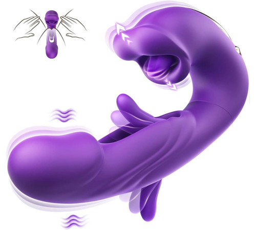 Фиолетовый вибратор с функциями фингеринга и лизания - 17,5 см.