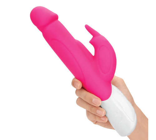 Розовый перезаряжаемый вибратор с клиторальным стимулятором - 25 см.