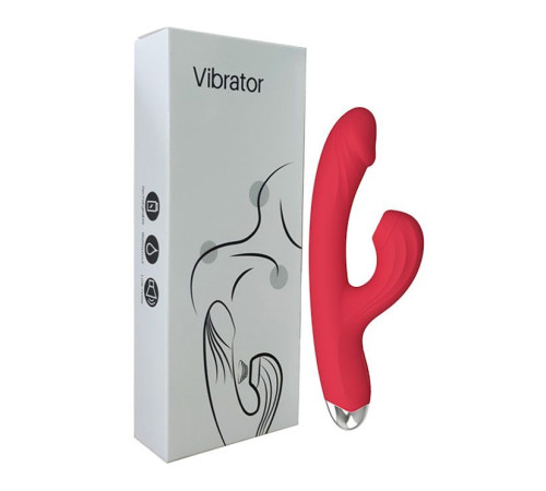 Красный силиконовый вибратор-кролик с вакуумным клиторальным отростком - 20,5 см.