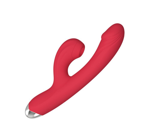 Красный силиконовый вибратор-кролик с вакуумным клиторальным отростком - 20,5 см.