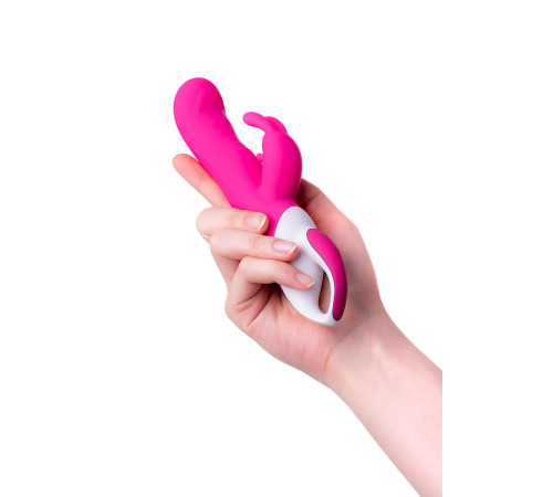 Розовый вибратор с клиторальным стимулятором ELLY с подогревом - 21,5 см.