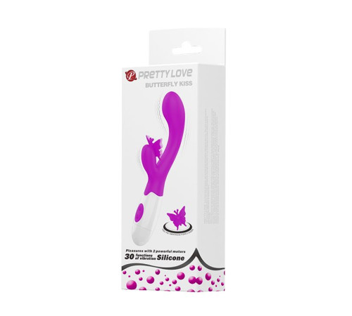 Лиловый вибратор с клиторальным стимулятором-бабочкой Butterfly Kiss - 19,9 см.