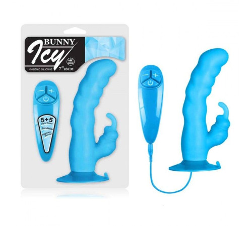 Голубой вибратор с клиторальным стимулятором BUNNY ICY - 18 см.