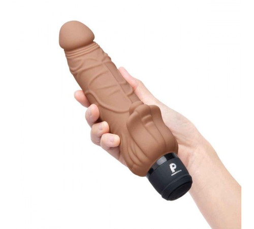 Кофейный вибратор-реалистик с клиторальными лепестками 7  Realistic Vibrator - 21,5 см.