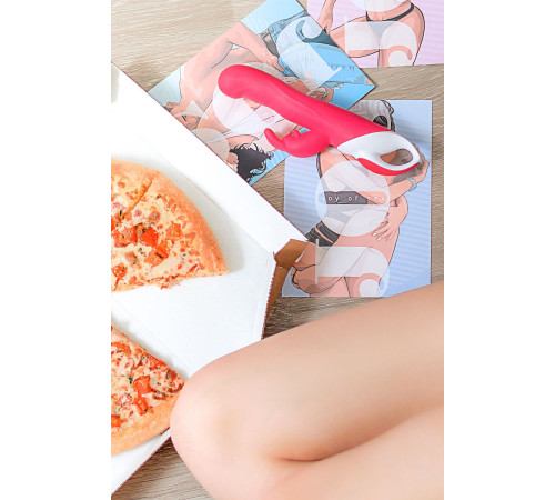 Розовый вибратор с клиторальным стимулятором ELLY с подогревом - 21,5 см.