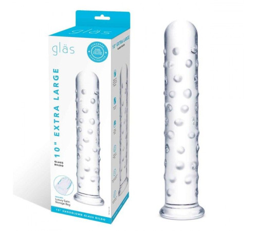 Прозрачный стеклянный фаллос с массажным рельефом 10  Extra Large Glass Dildo - 25,5 см.