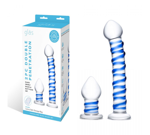 Набор из 2 стеклянных игрушек с синей спиралью Swirly Dildo Buttplug Set Набор из 2 стеклянных игрушек с синей спиралью Swirly Dildo Buttplug Set