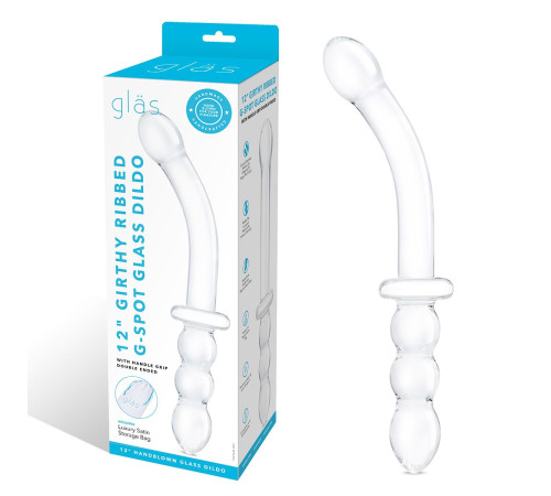 Изогнутый стеклянный фаллоимитатор 12’’ Girthy Ribbed G-Spot Glass Dildo With Handle Grip Double Ended - 30 см. Изогнутый стеклянный фаллоимитатор 12’’ Girthy Ribbed G-Spot Glass Dildo With Handle Grip Double Ended - 30 см.