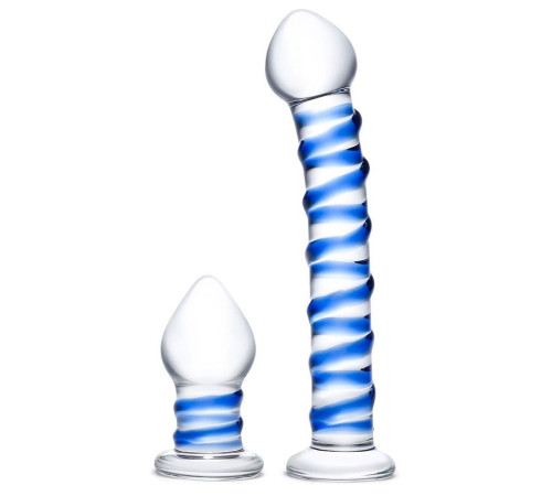 Набор из 2 стеклянных игрушек с синей спиралью Swirly Dildo Buttplug Set Набор из 2 стеклянных игрушек с синей спиралью Swirly Dildo Buttplug Set