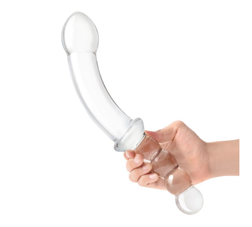 Стеклянный двусторонний фаллоимитатор 12,5’’ Girthy Double Sided Dong With Anal Bead Grip Handle - 32 см.