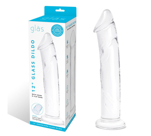Большой стеклянный стимулятор 12’’ Glass Dildo With Veins   Flat Base - 28 см.